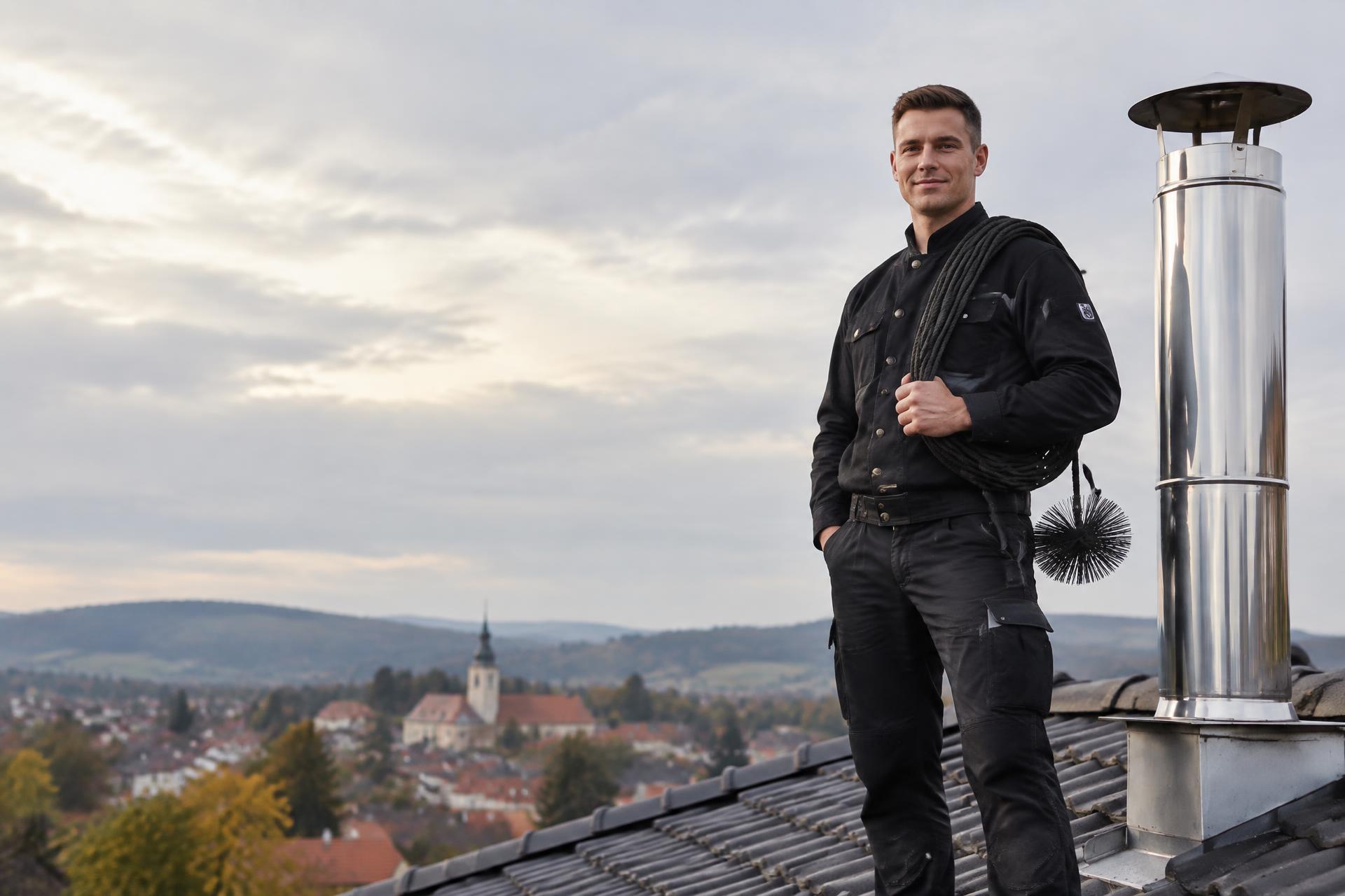 Kominík v pracovní uniformě na střeše u nerezového komína